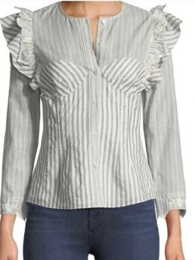 Rebecca Taylor Corset Striped Ruffled Button Up Shirt Size 8